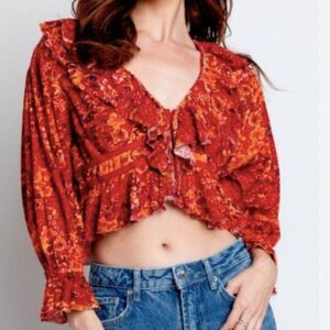 Free People Red Floral Rudi Boho Peasant Ruffle Blouse Size S NWT Cropped Cardi